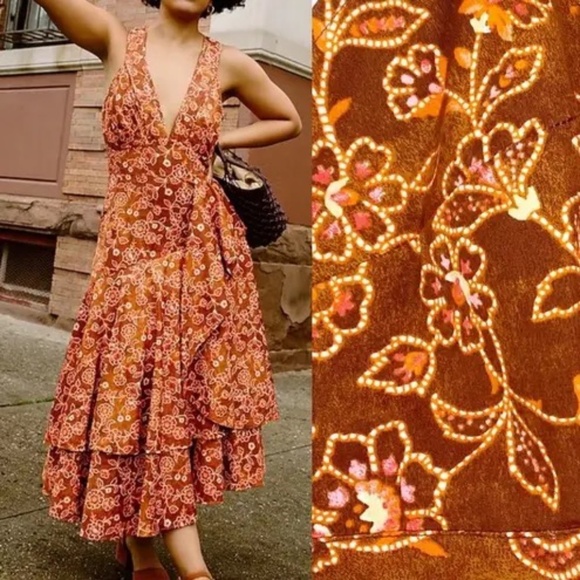 J.Crew Collection Cross-back Ruffle-hem Midi in Pecan Vintage Vines - Picture 1 of 9